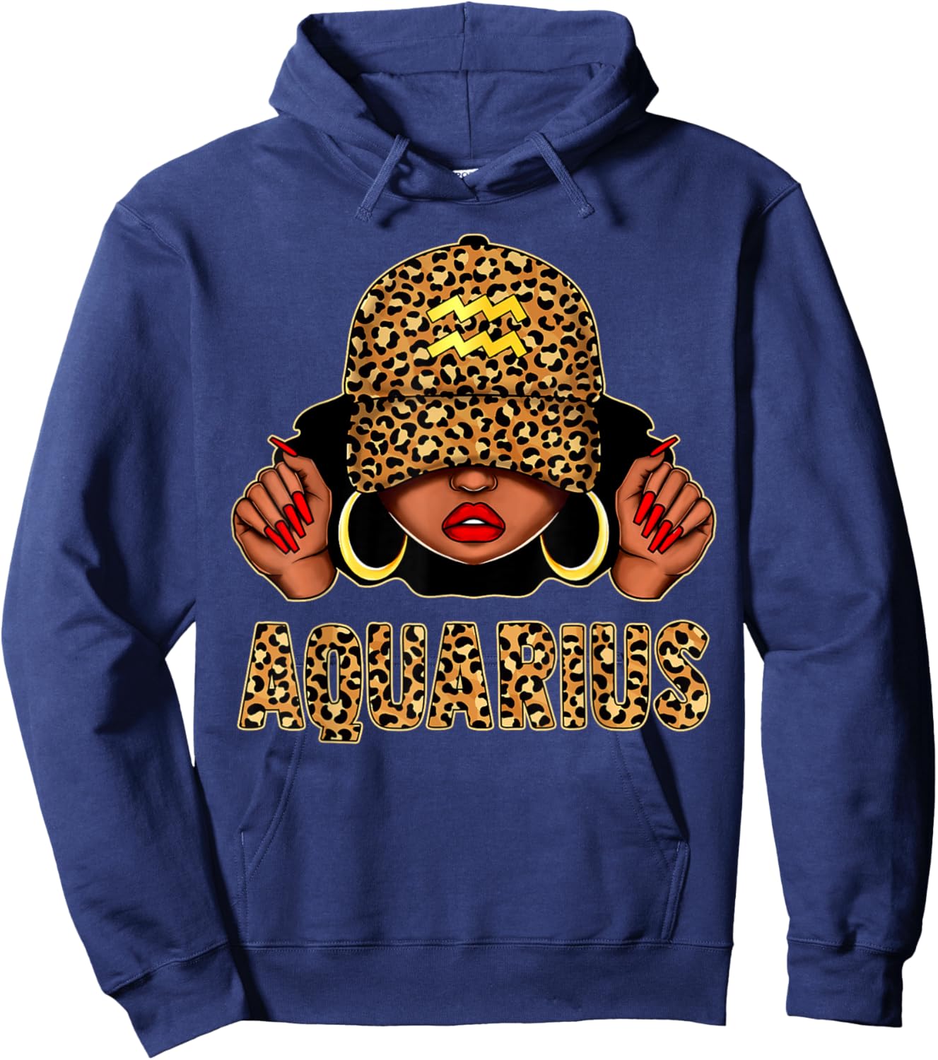 Aquarius Black Woman Leopard Cap Hat Zodiac Sign Birthday Hoodie - Hoodie | Navy