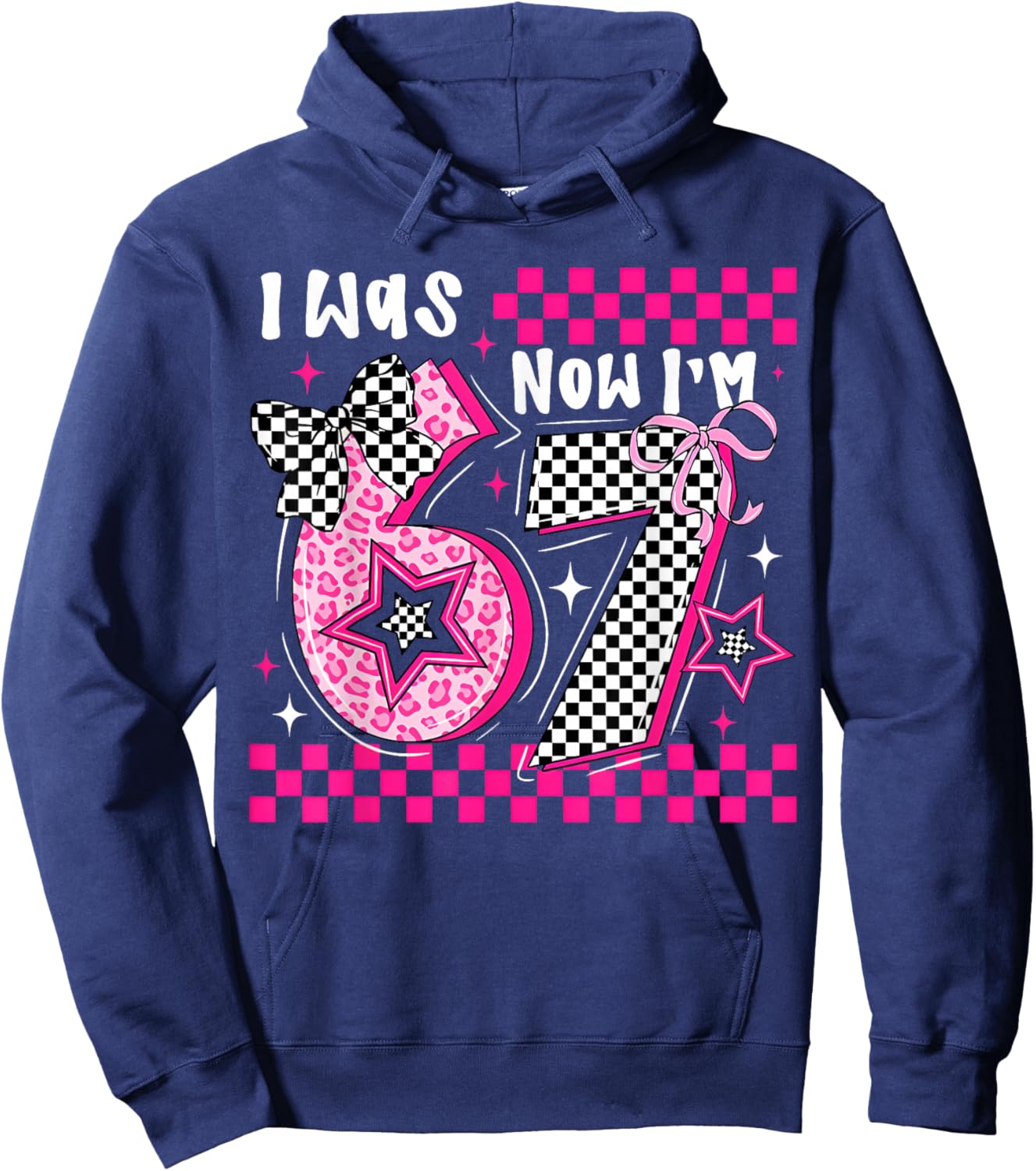 Pink Checkered Leopard Bow 7th Birthday Girl was 6 Now I'm 7 Hoodie - Hoodie | Navy