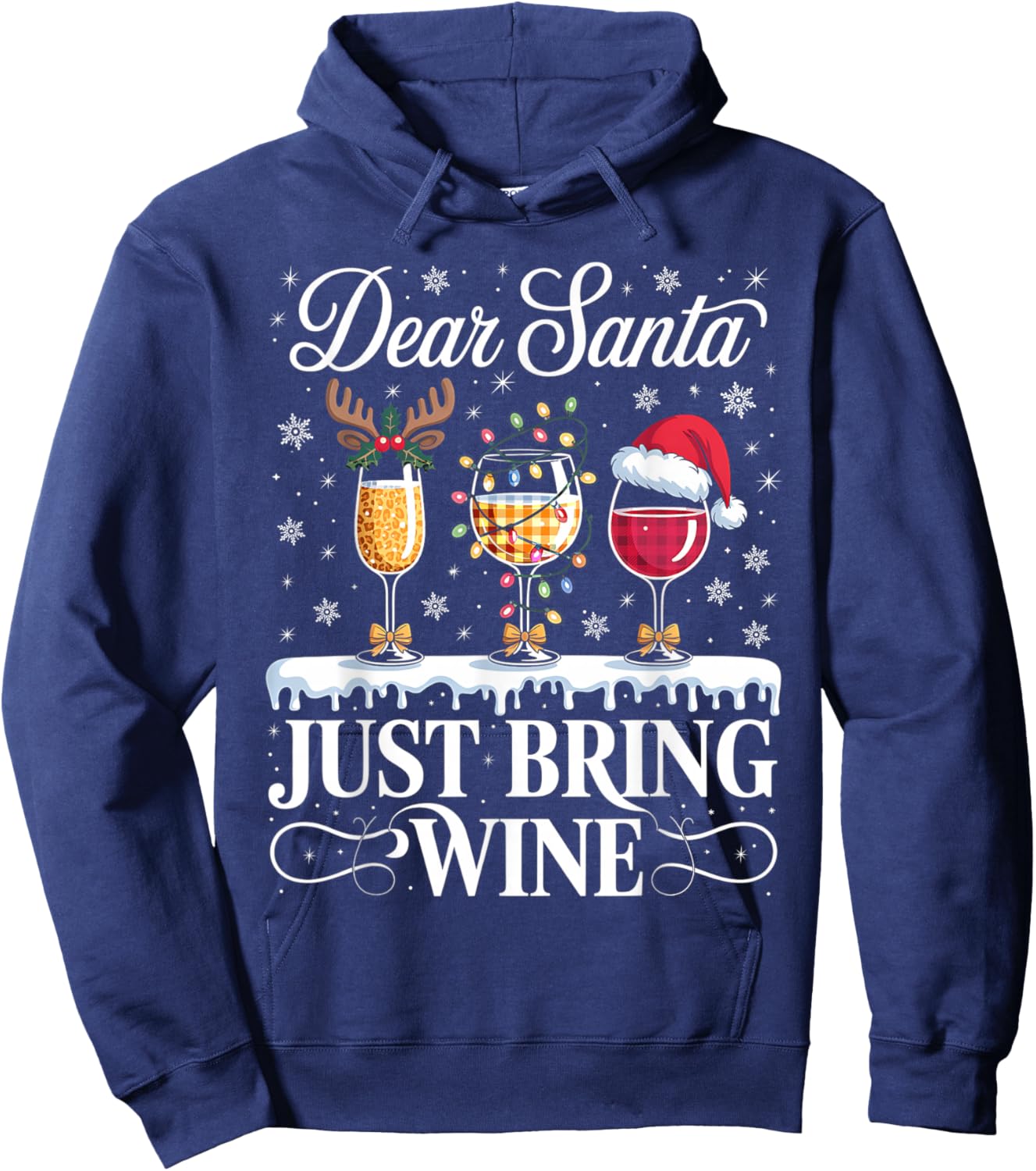 Dear Santa Just Bring Wine Glasses Christmas Pajama Costume Hoodie - Hoodie | Navy