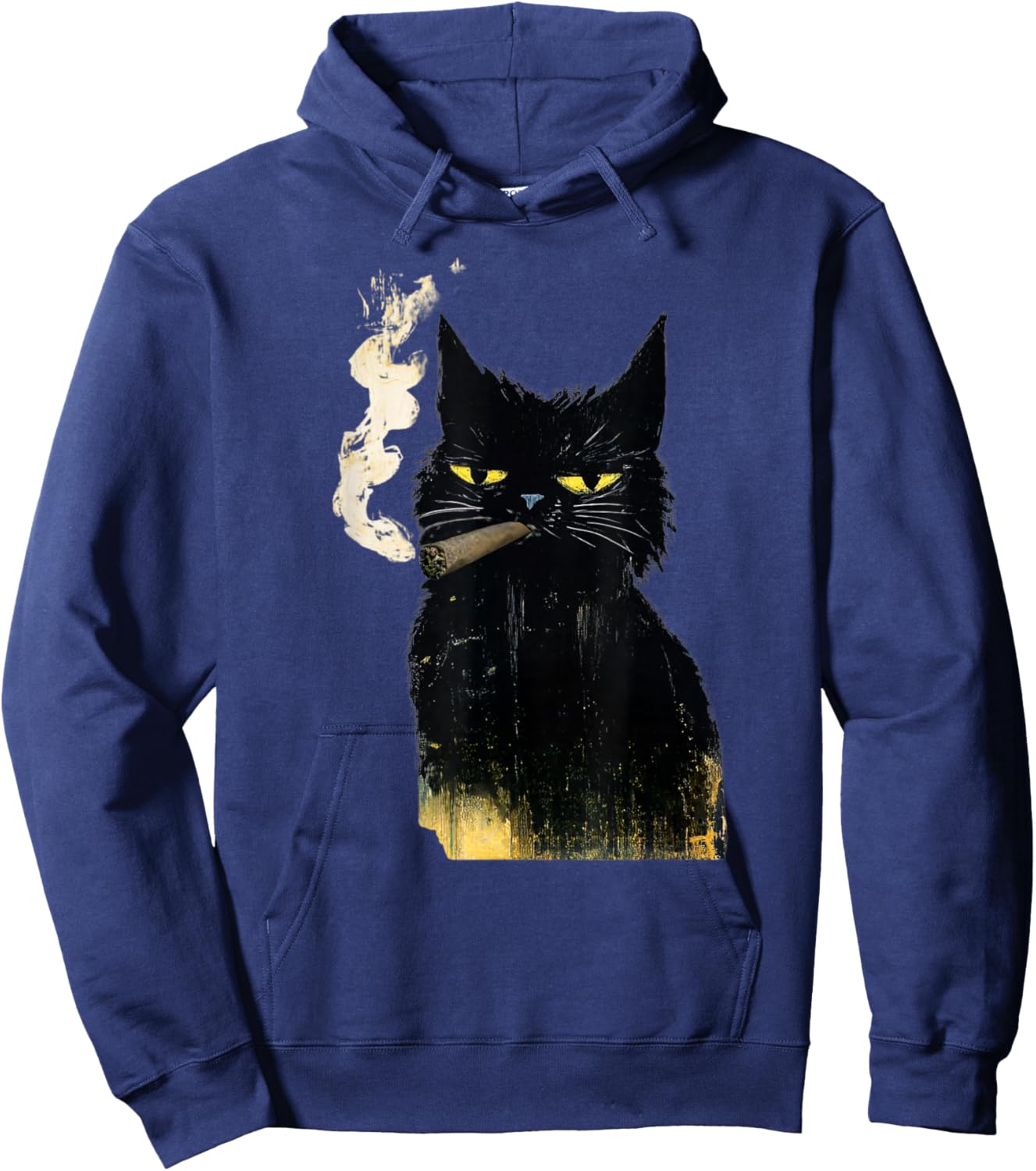 Funny Adult Vintage Black Cat Smoking Blunt Weed Art Paint Hoodie - Hoodie | Navy