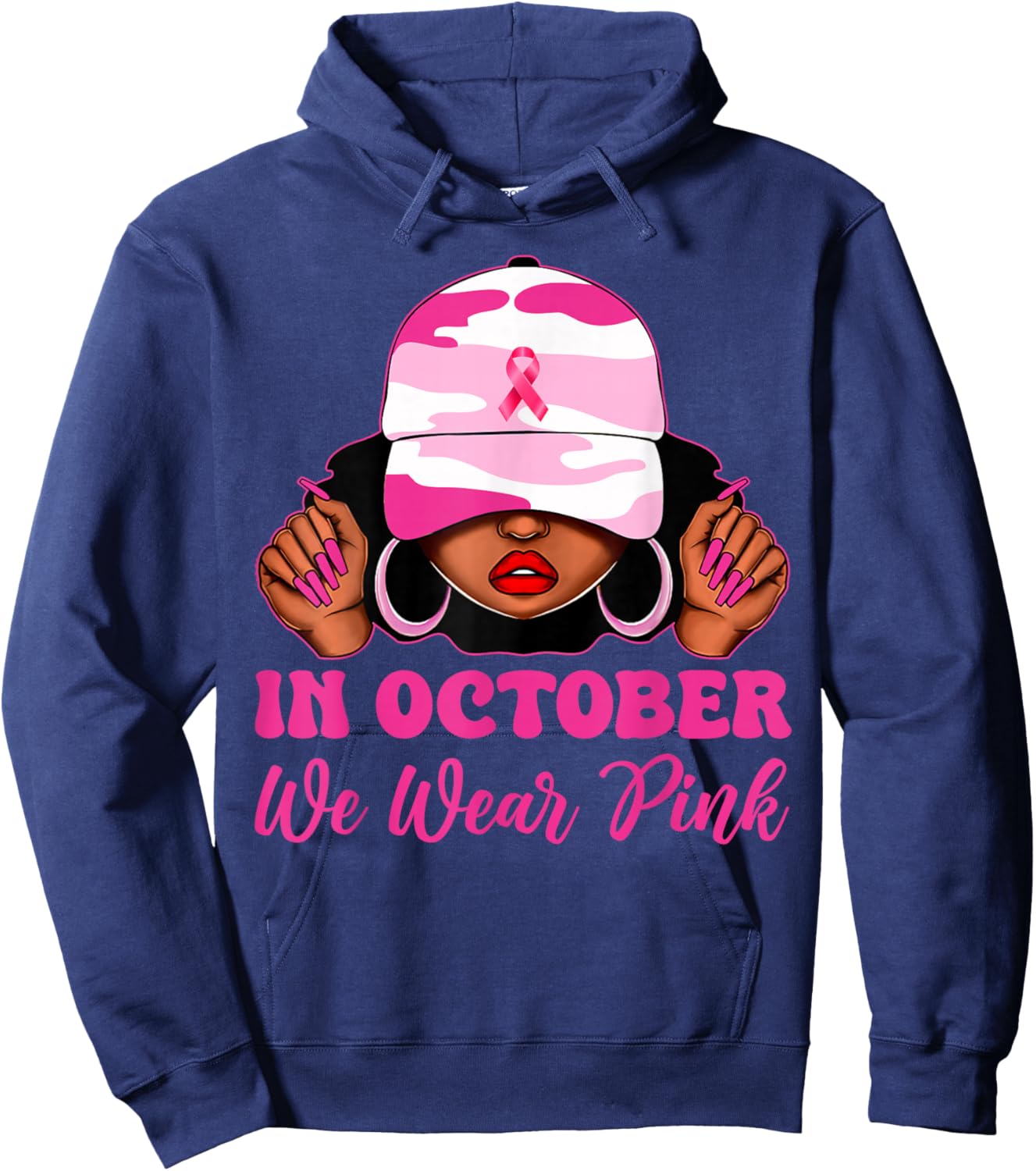 in October We Wear Pink Black Women Camo Breast Cancer Hoodie - Hoodie | Navy