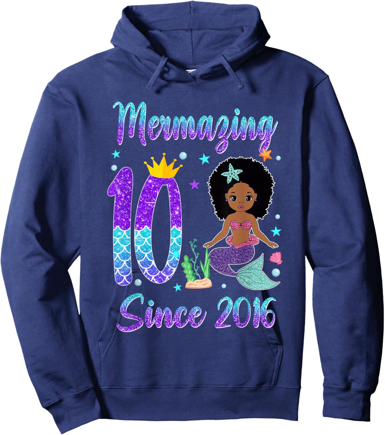 Awesome Since 2016 10 Year Old Black Mermaid Birthday Hoodie - Hoodie | Navy