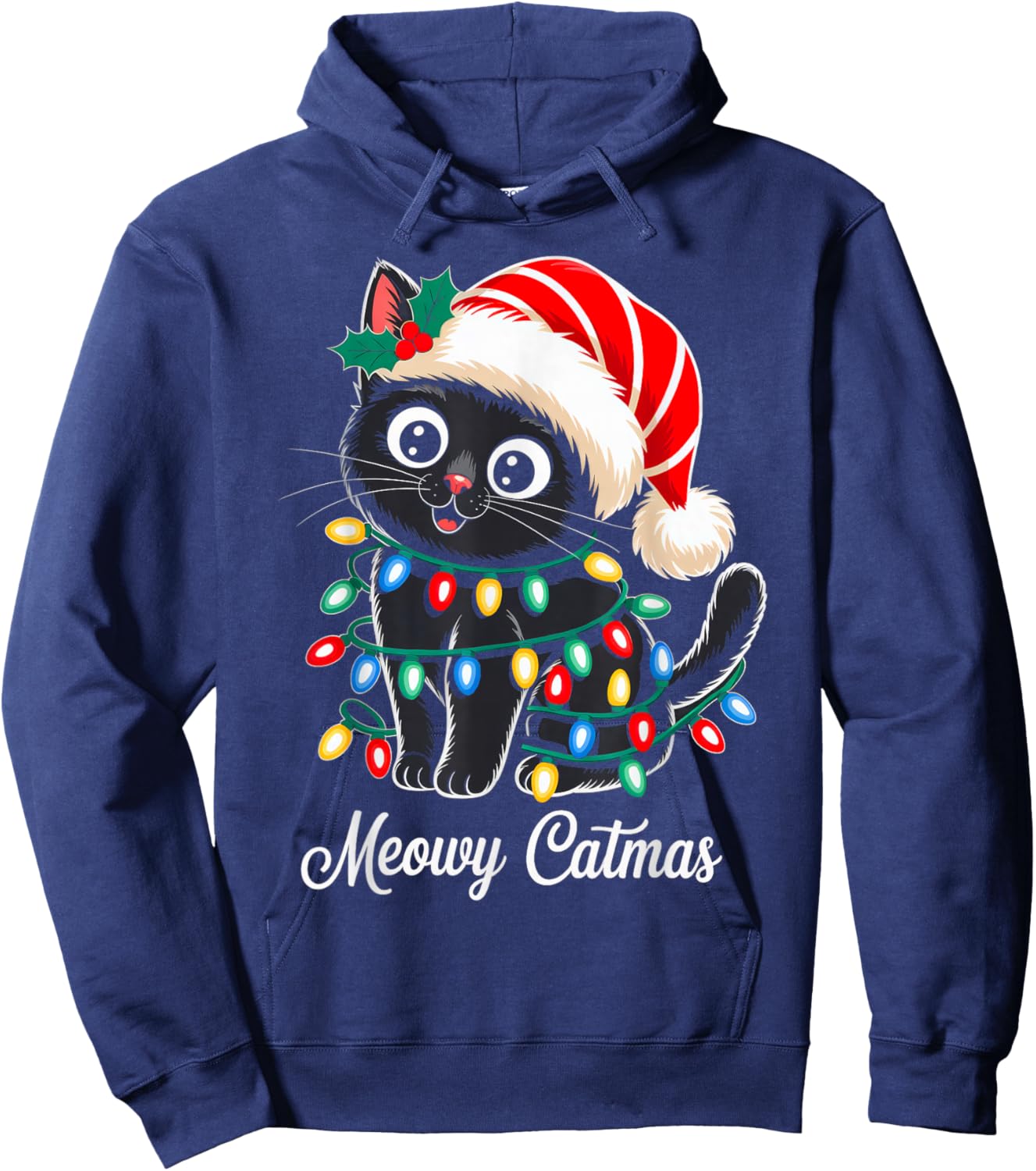 Cute Black Cat Christmas Lights Santa Hat Xmas Meowy Catmas Hoodie - Hoodie | Navy