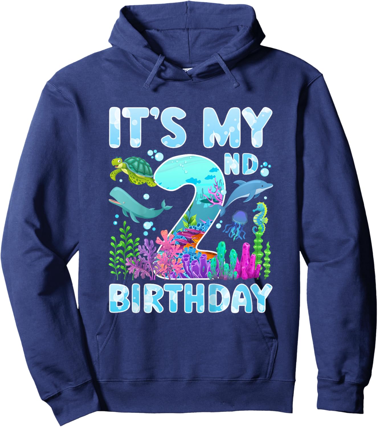 2nd Ocean Birthday Party Two Year Old Sea Animals Hoodie - Hoodie | Navy