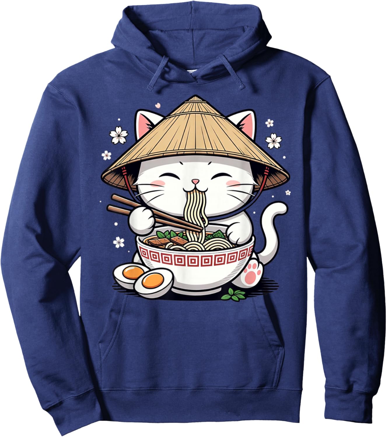 Cute Happy Neko Kitty Eating Ramen Japanese Art Cat Hoodie - Hoodie | Navy