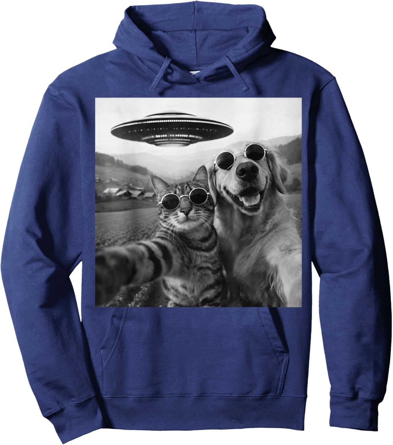 Cat and Dog Selfie with Alien UFO Funny Women Kids Hoodie - Hoodie | Navy