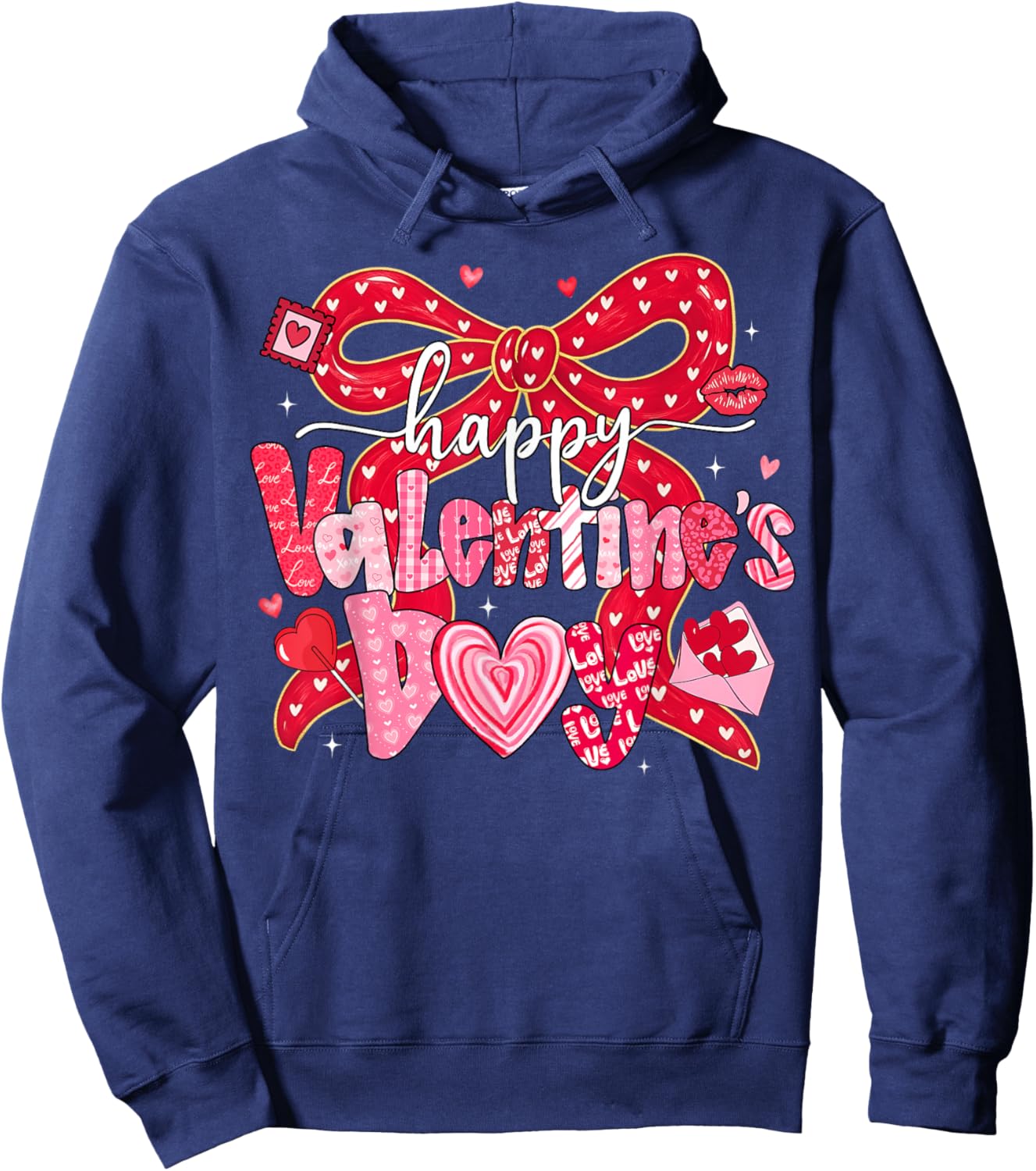 Coquette Bow Happy Valentine Heart Love Girl Women Kid Hoodie - Hoodie | Navy