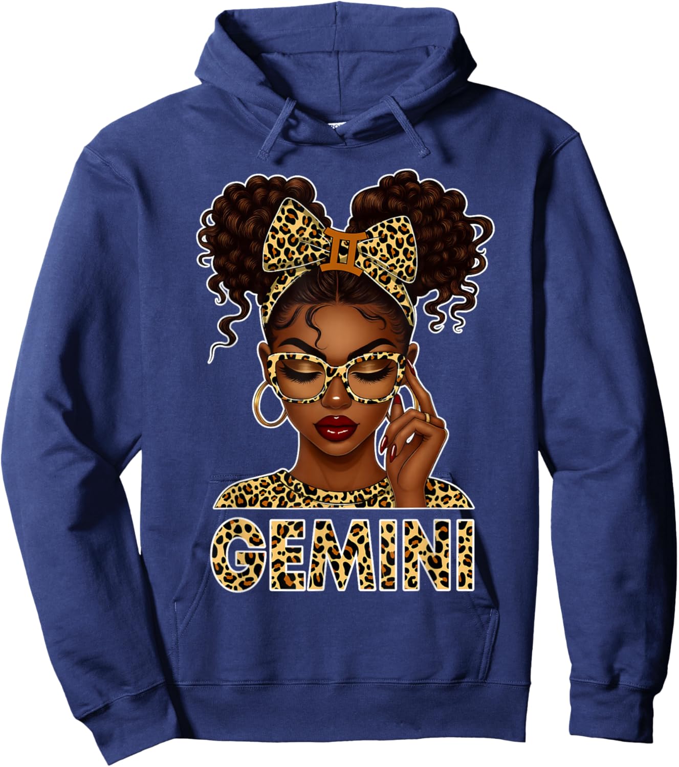 Gemini Woman Black Girl Leopard Bow Zodiac Birthday Hoodie - Hoodie | Navy