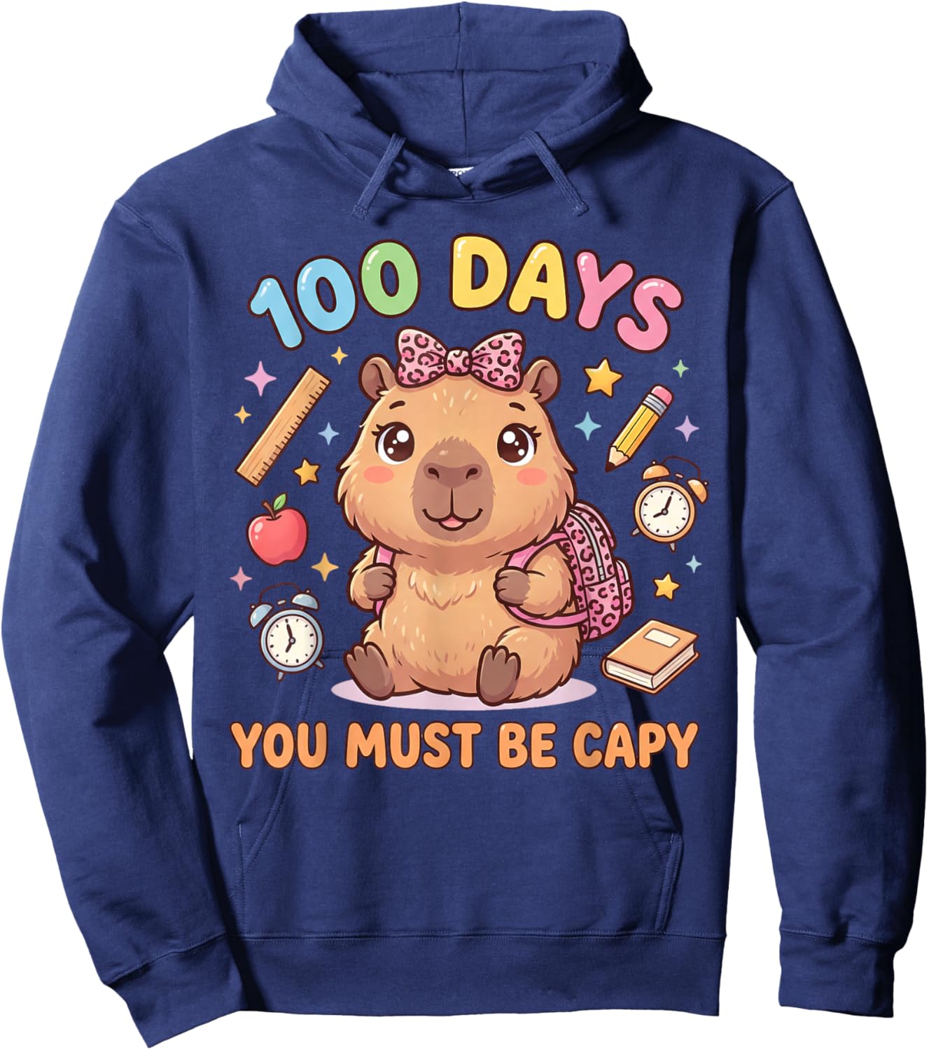 100 Days of School Girls Capybara with Leopard Bow Kids Hoodie - Hoodie | Navy