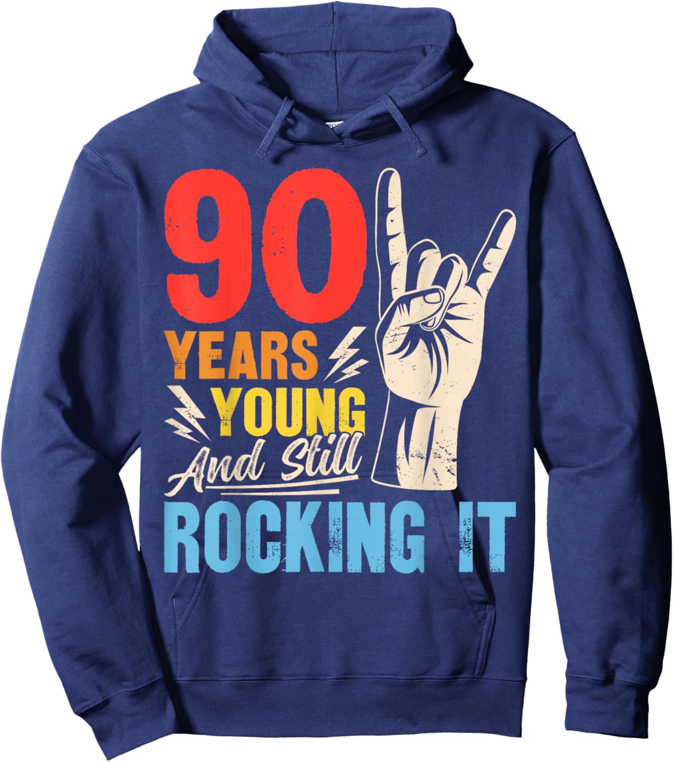 90 Years Young and Still Rocking It Vintage 90th Birthday Hoodie - Hoodie | Navy