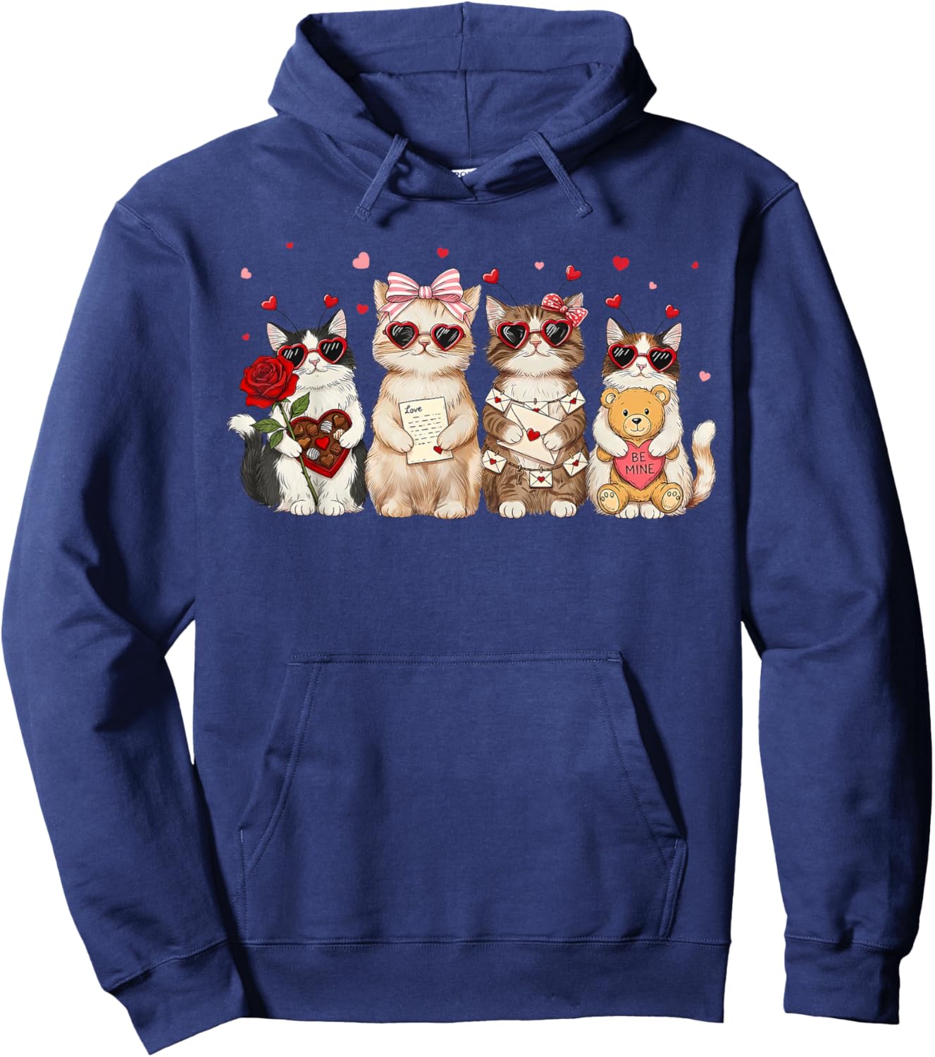 Happy Meowentines Cute Cupid Cat Heart Glasses Coquette Bow Hoodie - Hoodie | Navy