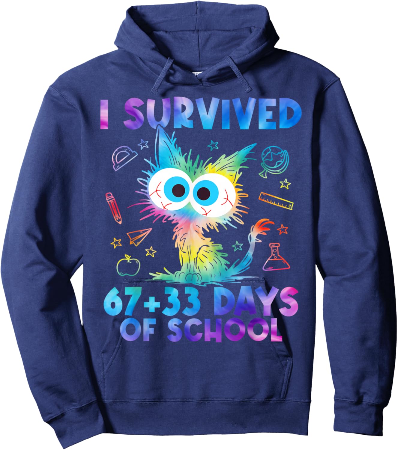 I Survived 67+33 Days of School Funny Cat 100th Day Teacher Hoodie - Hoodie | Navy