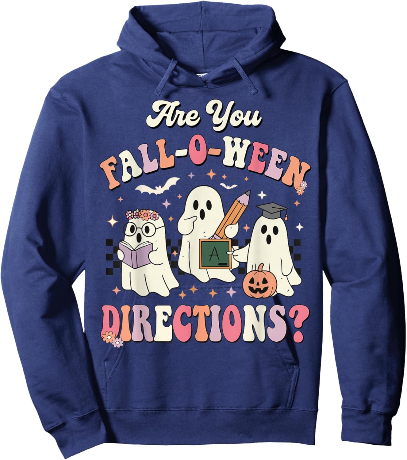 Retro are You Fall O Ween Directions Teacher Halloween Ghost Hoodie - Hoodie | Navy