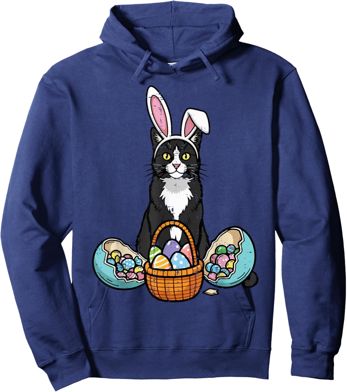 Easter Tuxedo Cat Bunny Ears Eggs Kitten Women Girls Kids Hoodie - Hoodie | Navy