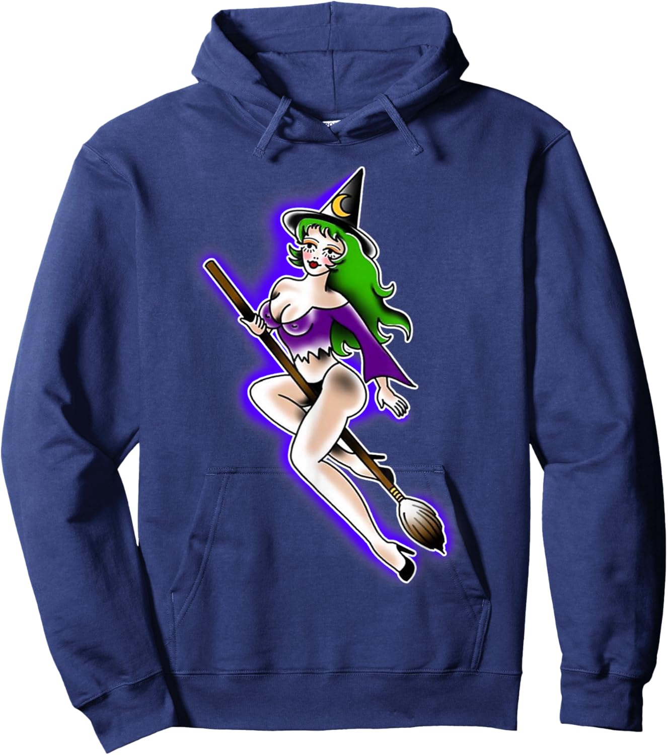 Witch Girl Riding Broom Cute Pin-Up Tattoo Hoodie - Hoodie | Navy