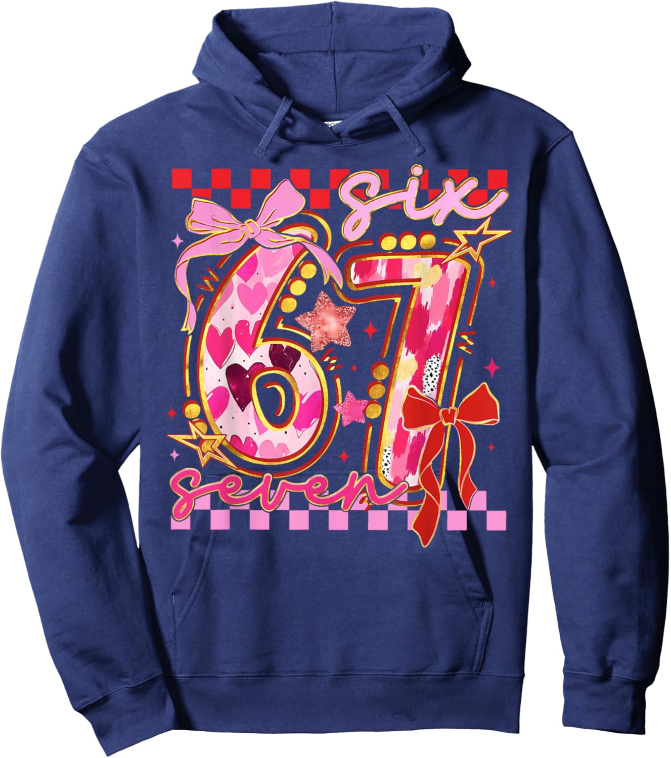 Six Seven Valentine Day Funny Pink 67 Cute Bow Girls Women Hoodie - Hoodie | Navy