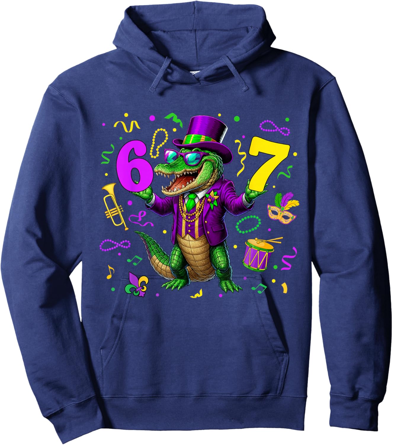 Alligator Six Seven Bruh 6 7 Meme Mardi Gras Carnival Kids Hoodie - Hoodie | Navy