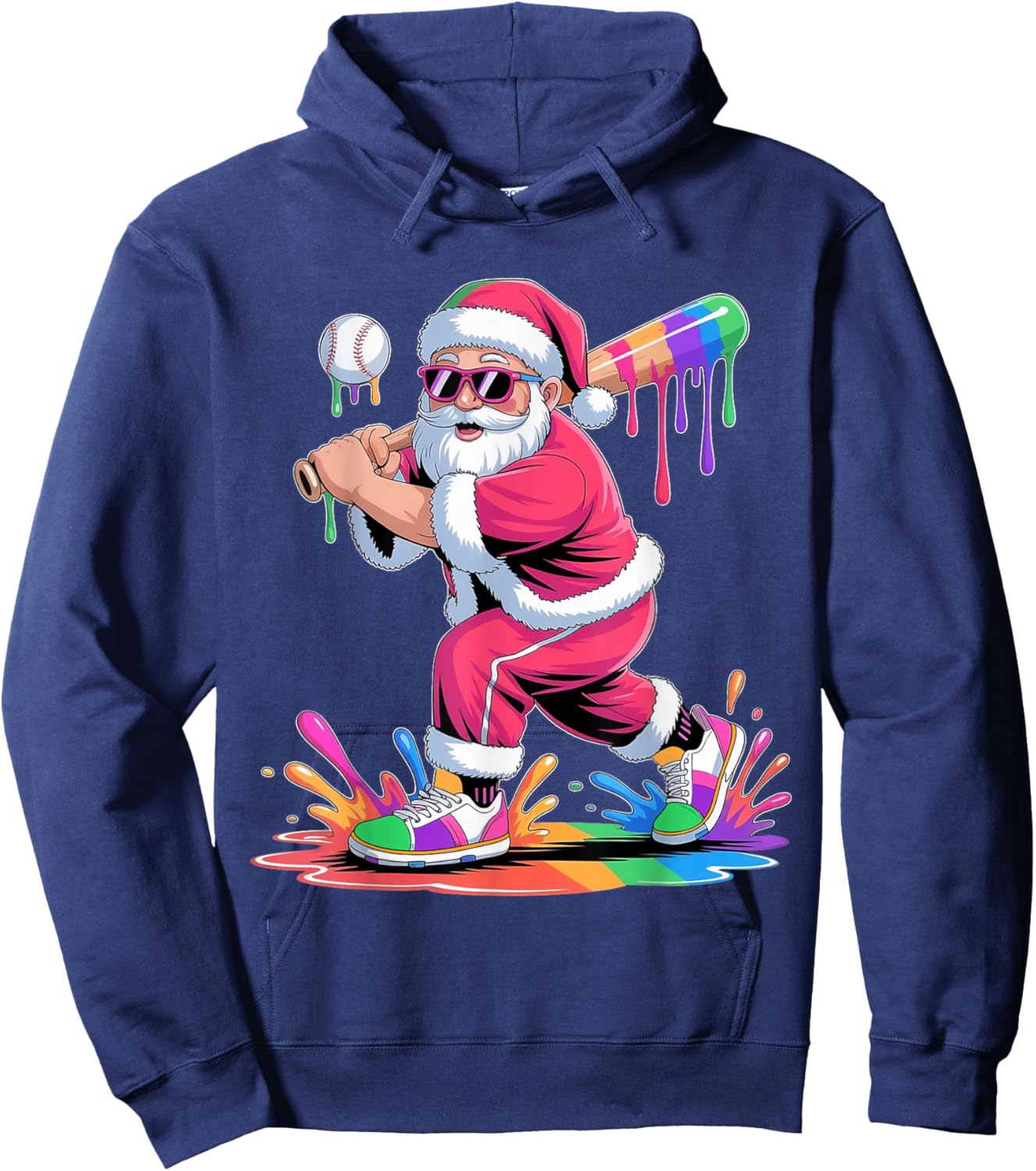 Santa Playing Baseball Ice Cream Dripping Christmas Baseball Hoodie - Hoodie | Navy