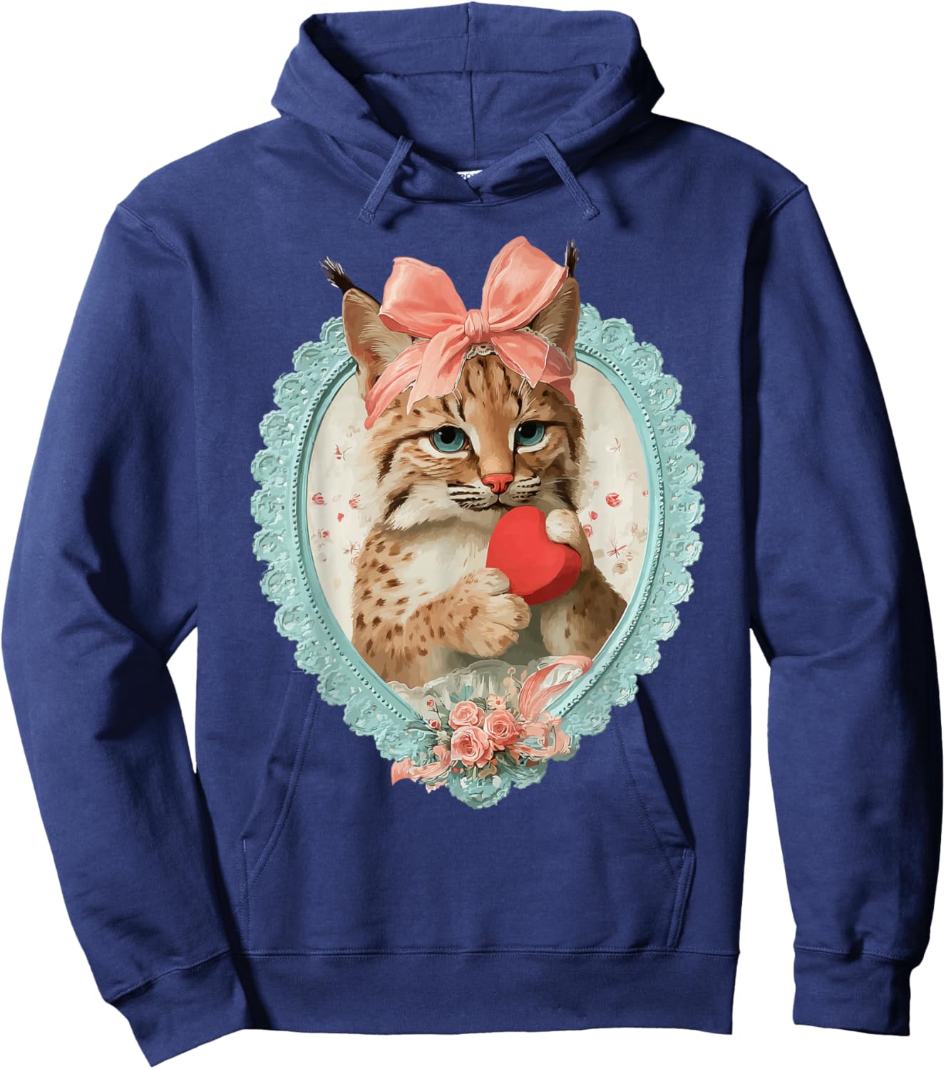 Vintage Valentine Bobcat with Heart Romantic Animal Coquette Hoodie - Hoodie | Navy