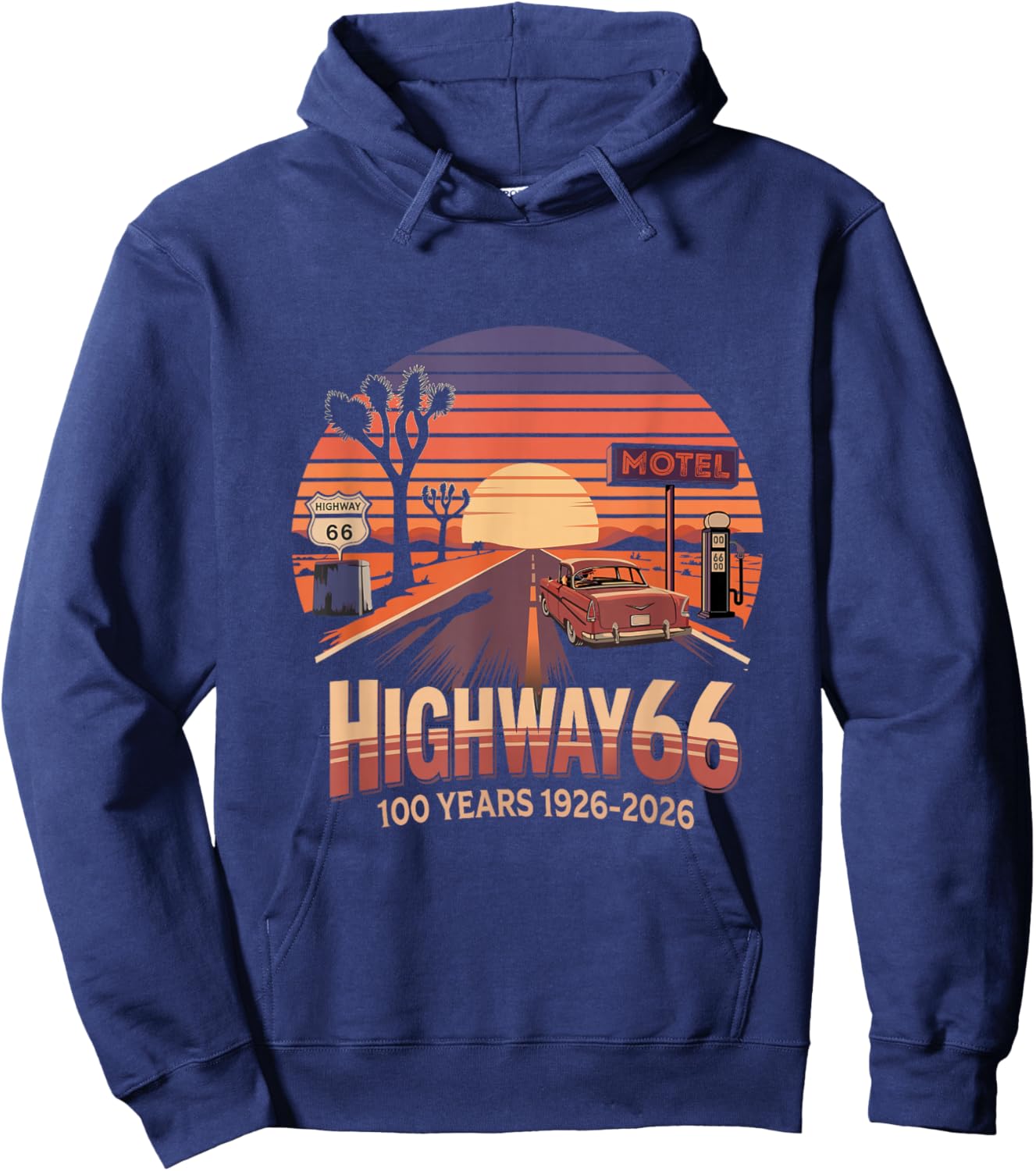 Highway 66 100 Years 1926-2026 Classic Car Lover Anniversary Hoodie - Hoodie | Navy
