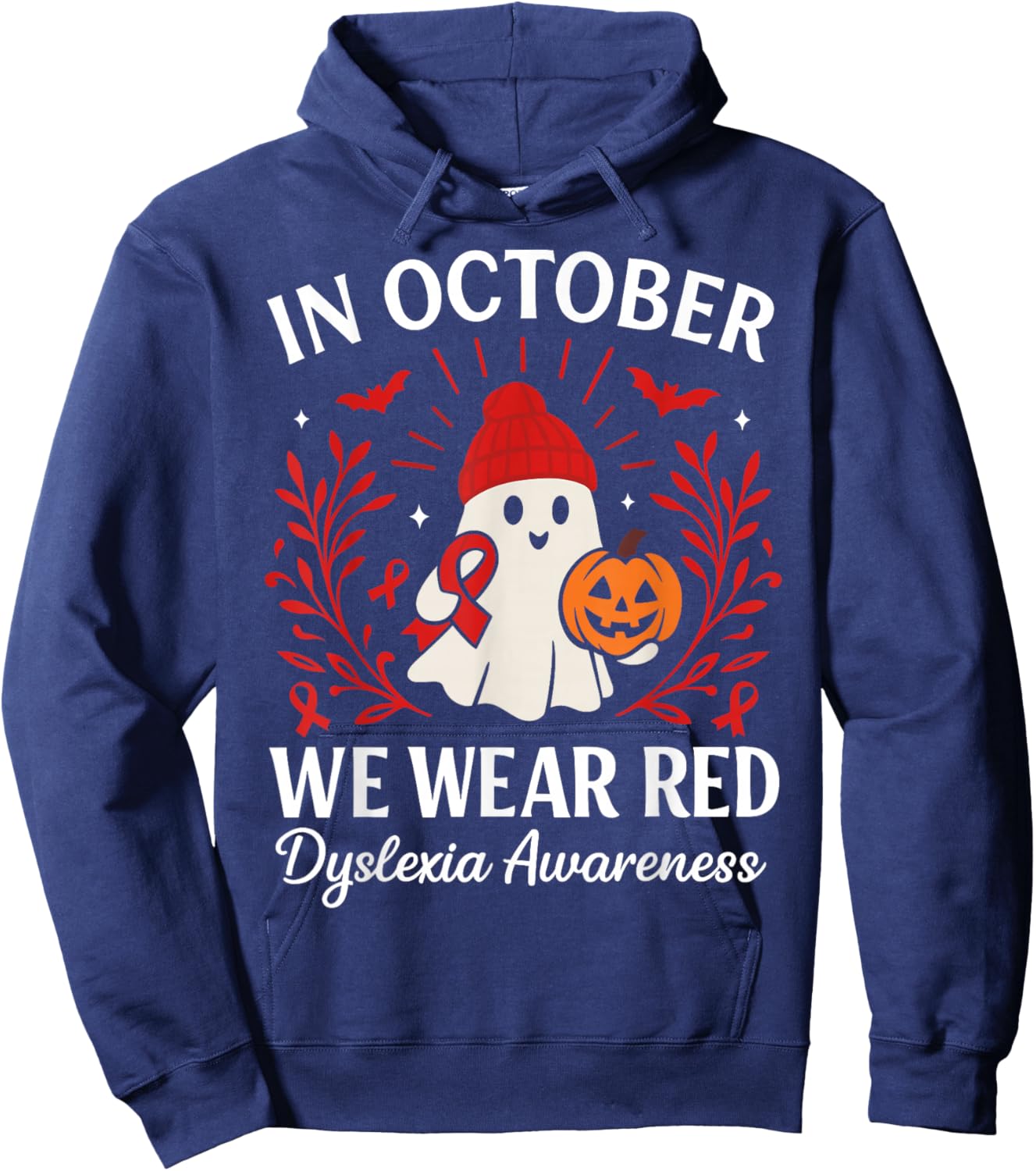 in October We Wear Red Dyslexia Awareness Halloween Ghost Hoodie - Hoodie | Navy