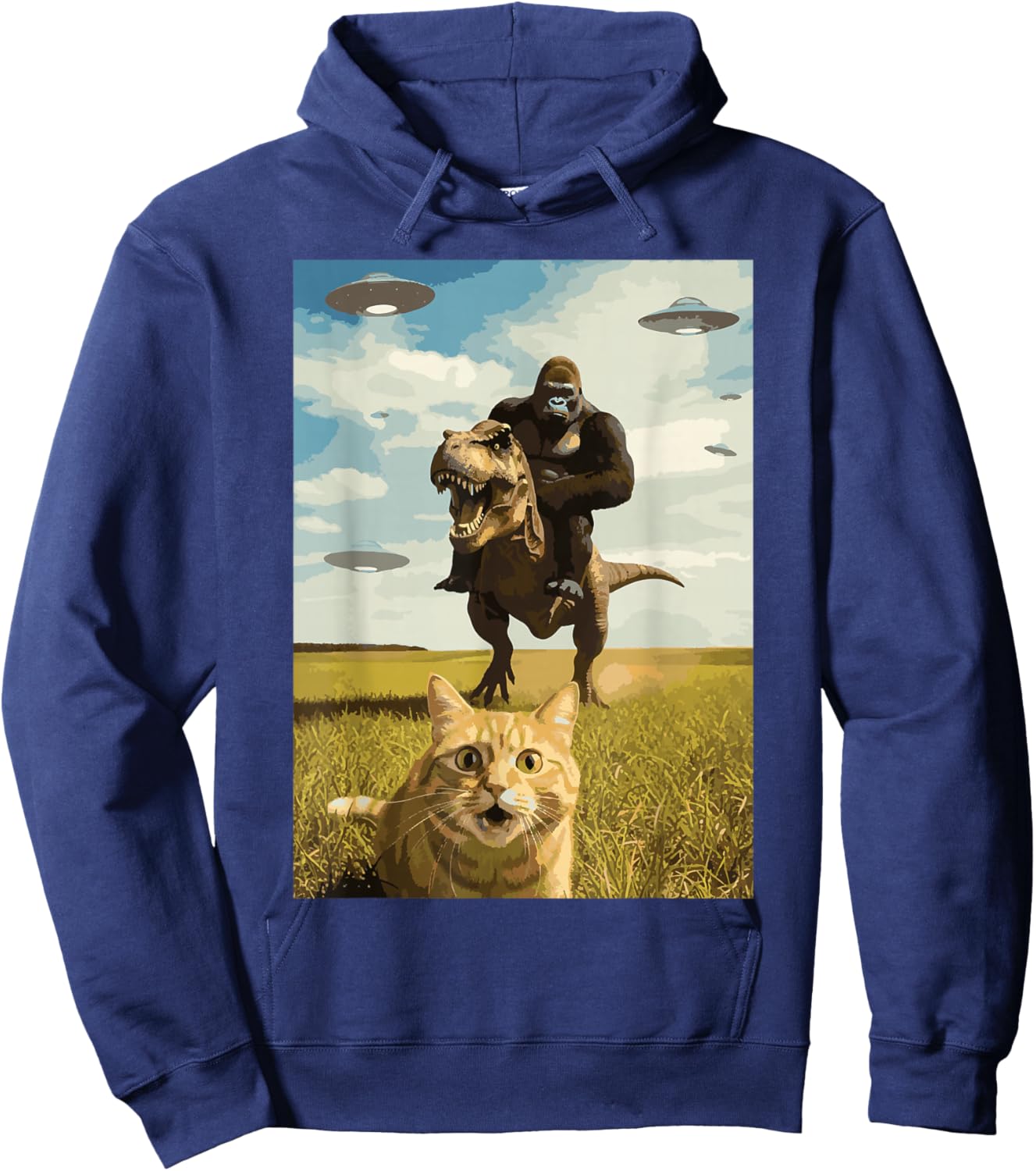 Cat Bigfoot On Dino UFO Selfie Funny Sasquatch Trex Meme Kid Hoodie - Hoodie | Navy