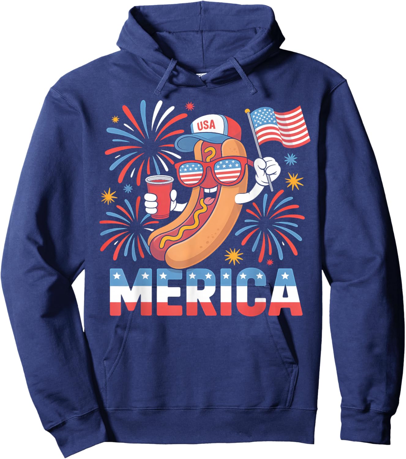 Funny Patriotic Hotdog 'Merica Style 4th of July BBQ Humor Hoodie - Hoodie | Navy
