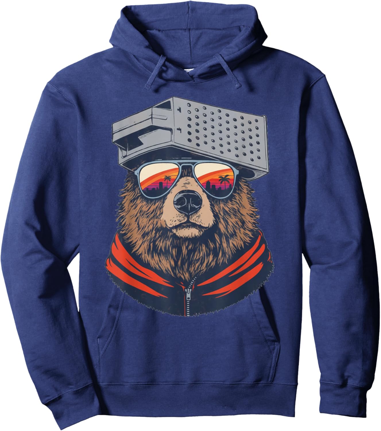 Retro Bear with Cheese Grater Hat and Sunglasses Sunset Art Hoodie - Hoodie | Navy