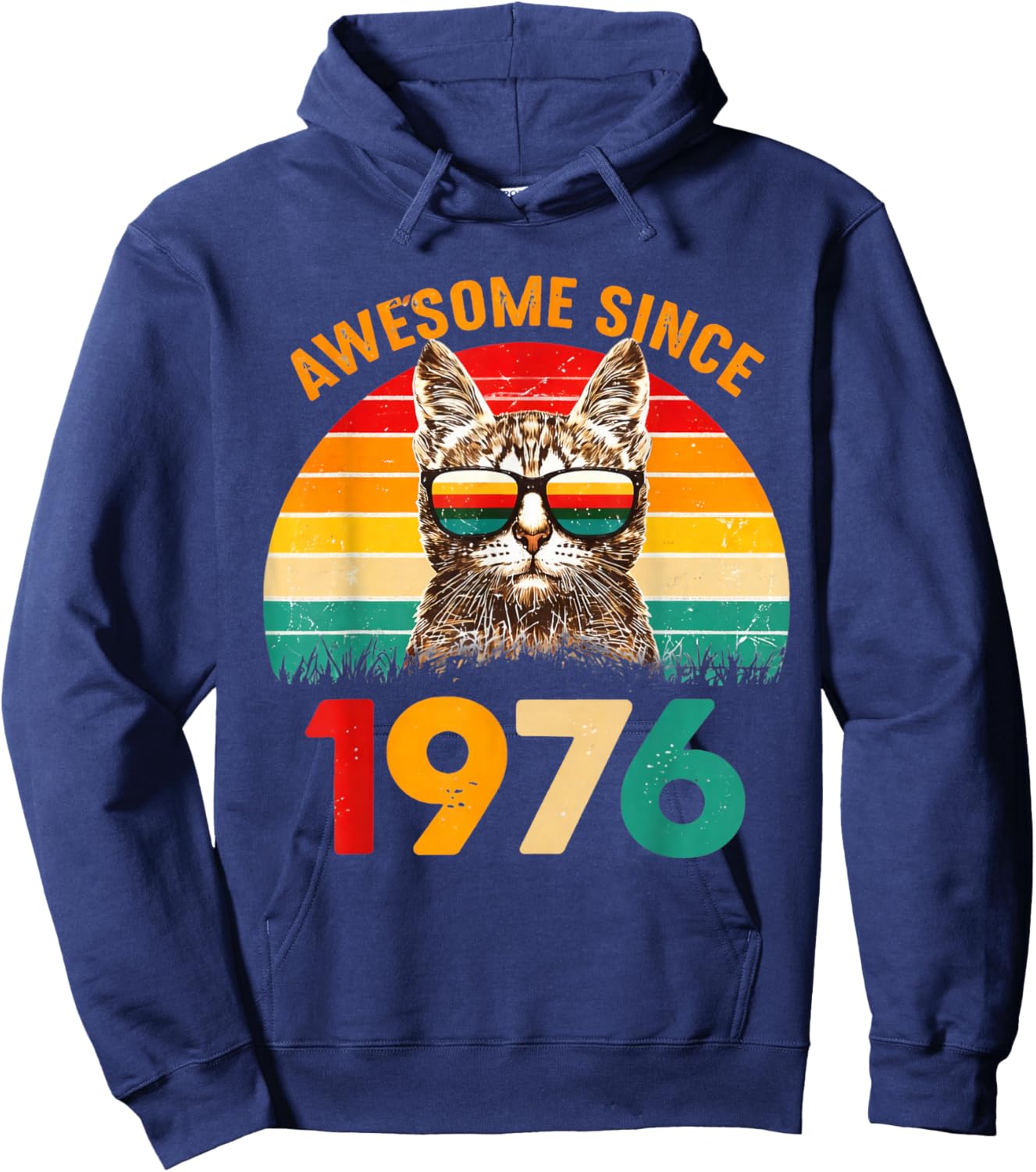 Awesome Since 1976 50th Birthday 70s Retro Cat Vintage Hoodie - Hoodie | Navy