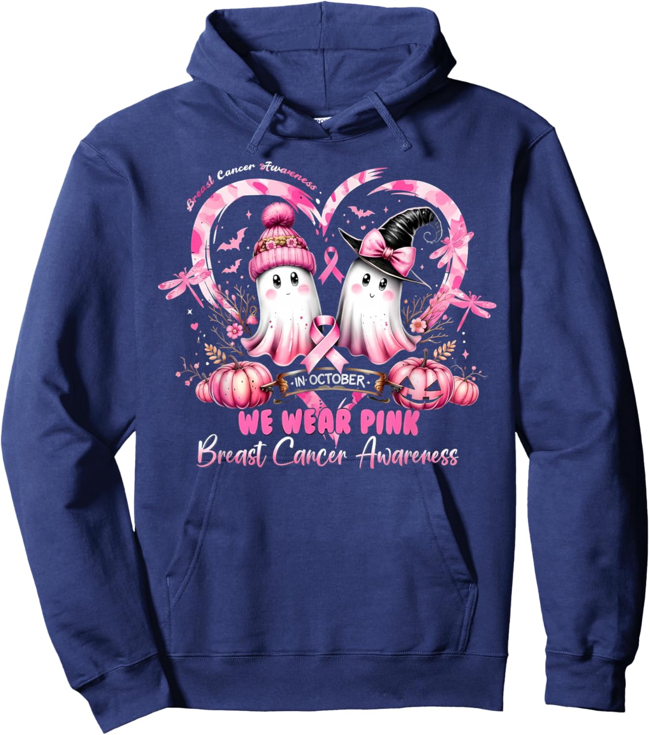 in October We Wear Pink Breast Cancer Heart Dragonflies Hoodie - Hoodie | Navy