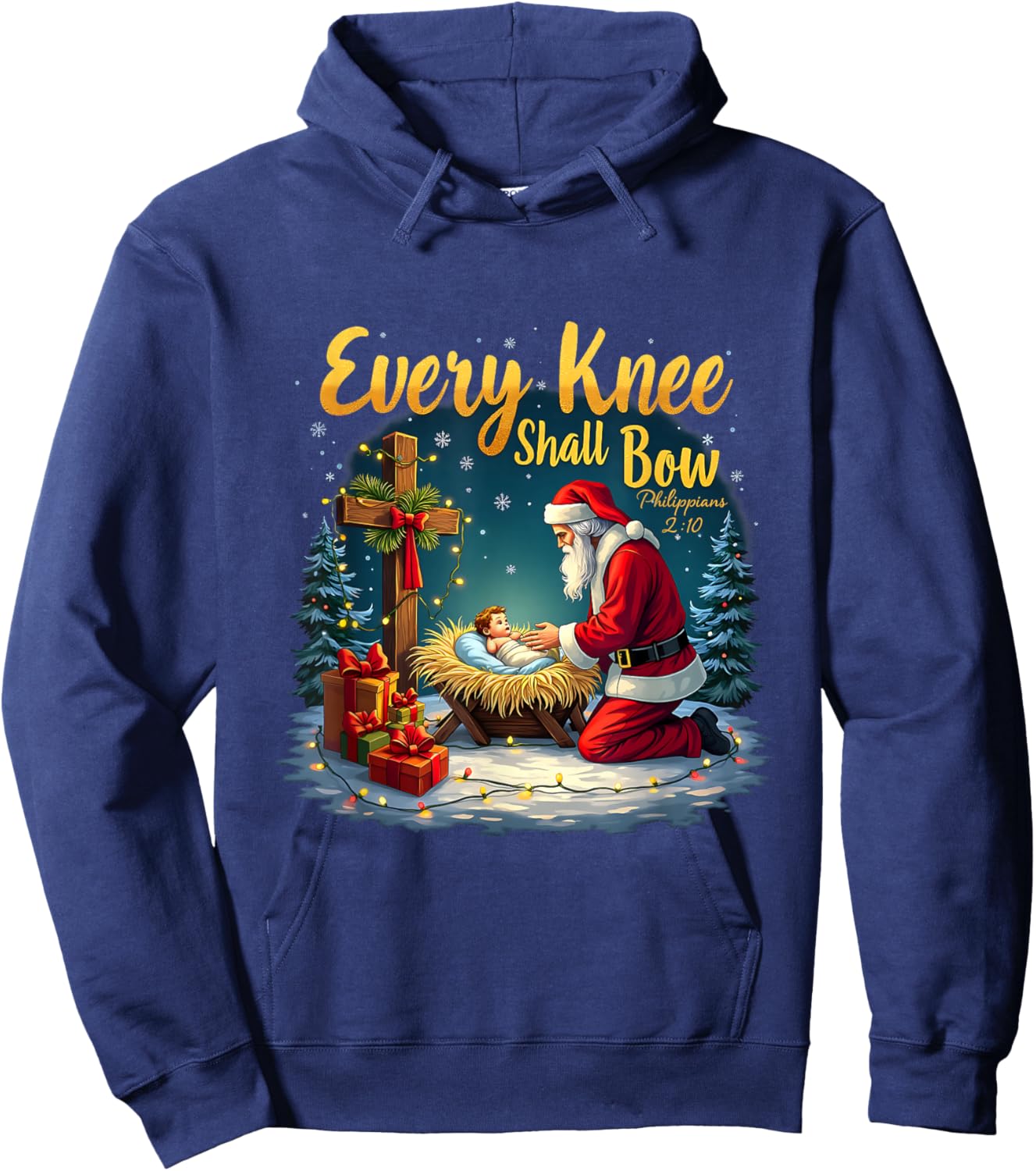 Christmas Nativity Scene Xmas Every Knee Shall Bow Santa Hoodie - Hoodie | Navy