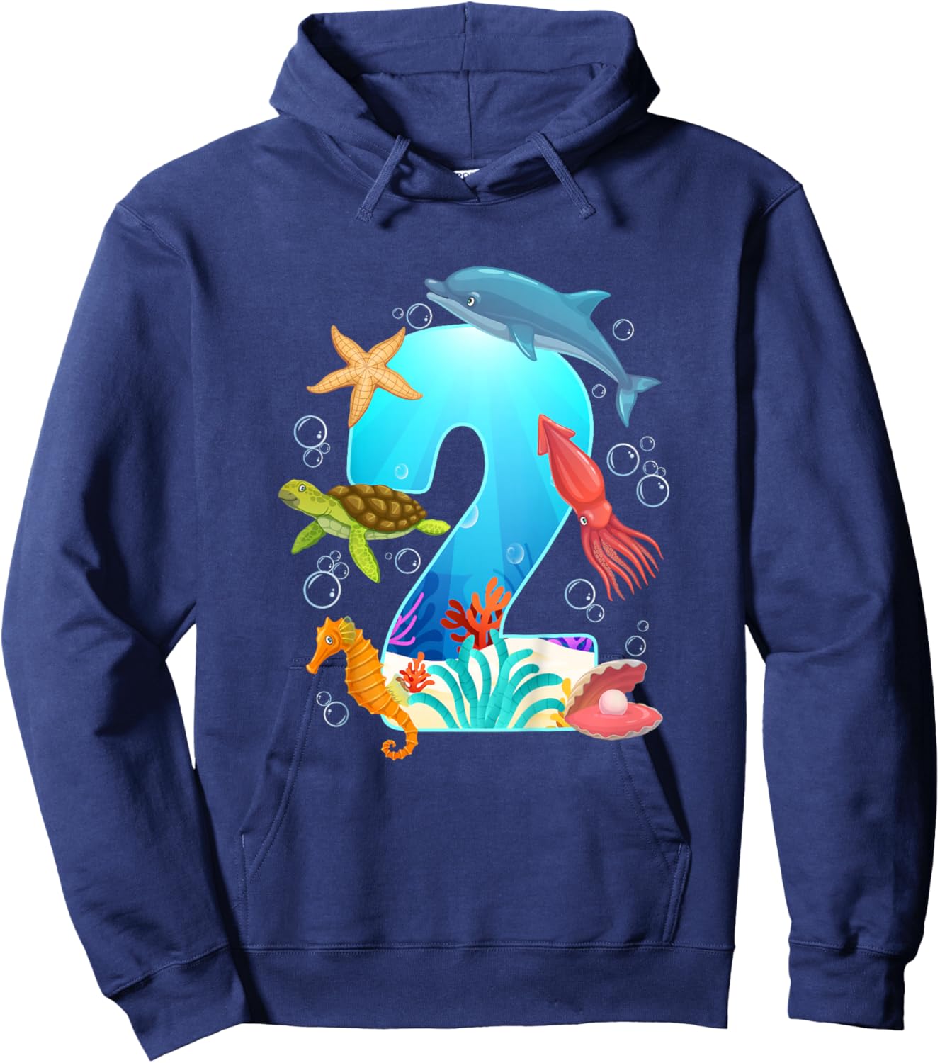 2nd Ocean Birthday Party 2 Year Old Sea Animals Hoodie - Hoodie | Navy