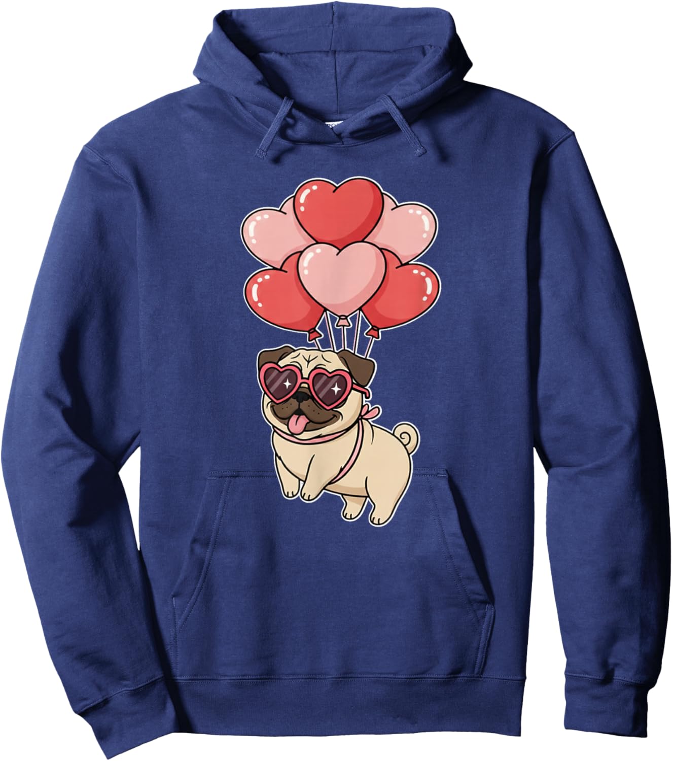 Girls Women Valentines Day Heart Balloons Tan Fawn Pug Lover Hoodie - Hoodie | Navy