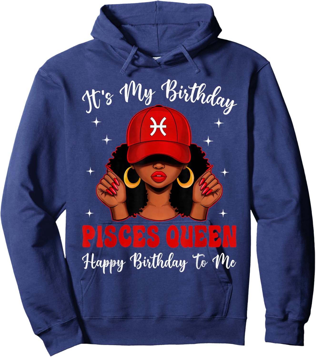 Pisces Queen Afro Women Red Cap Black Girl Birthday Hoodie - Hoodie | Navy