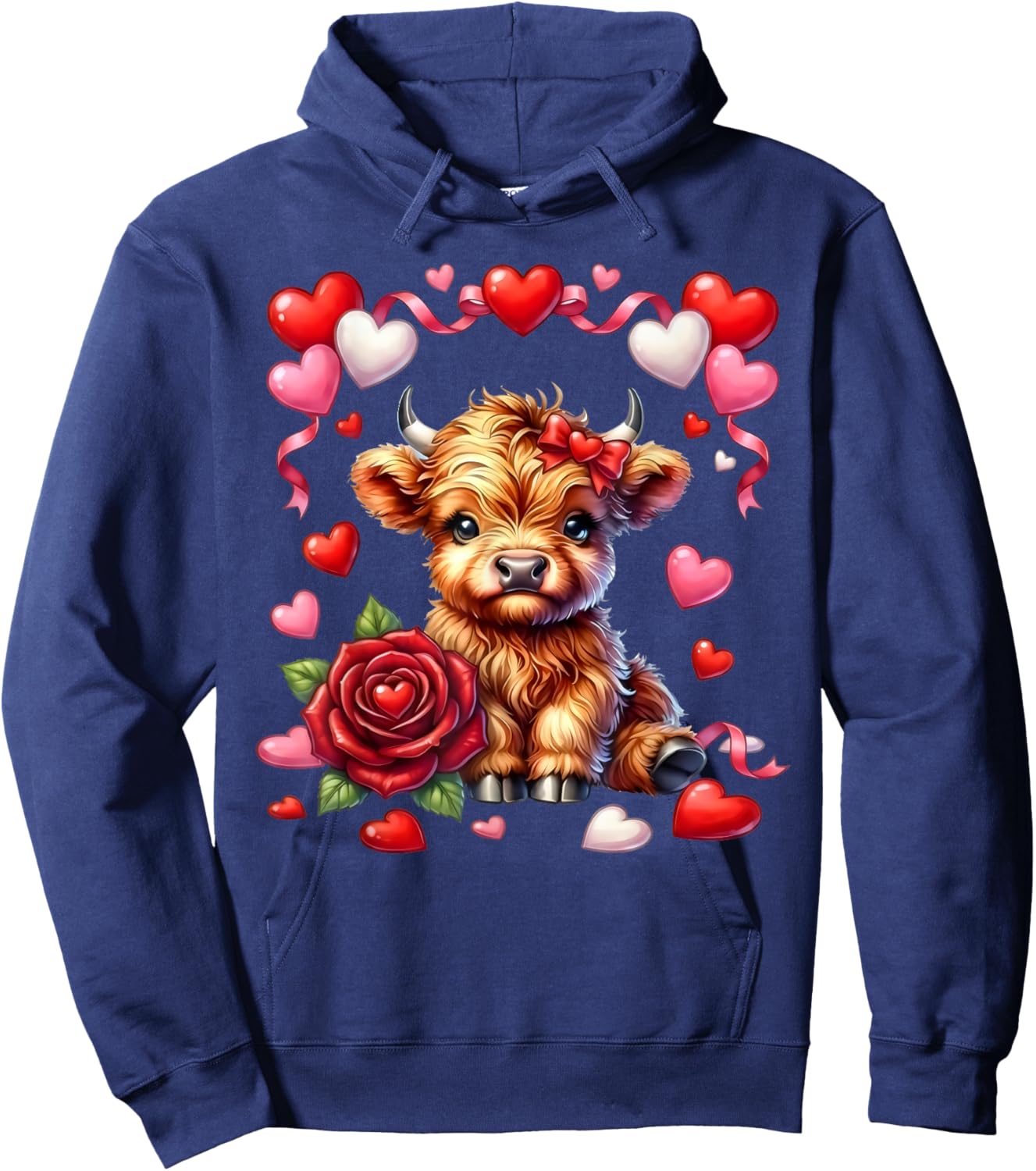 Cute Kawaii Highland Cow Heart Coquette Bow Valentines Day Hoodie - Hoodie | Navy