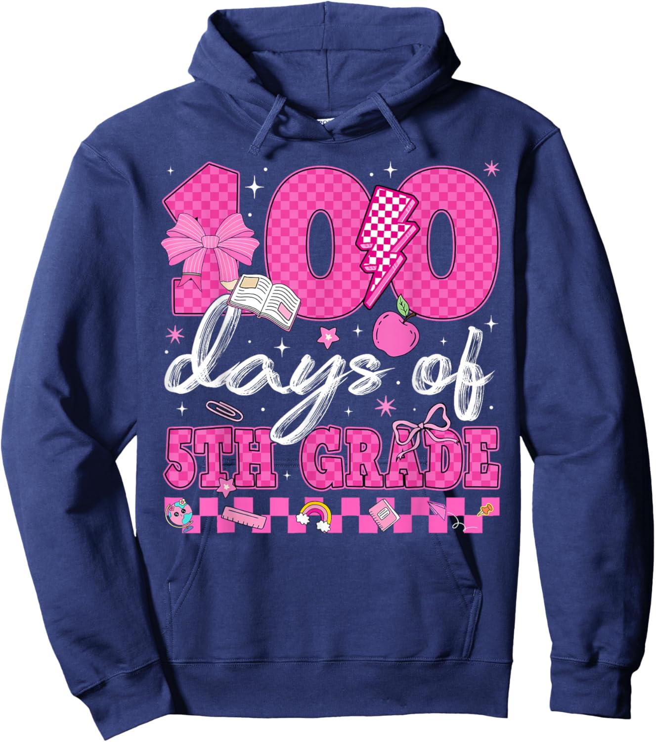 Happy 100 Days of 5th Grade Coquette Bow Checkered Girl Kid Hoodie - Hoodie | Navy