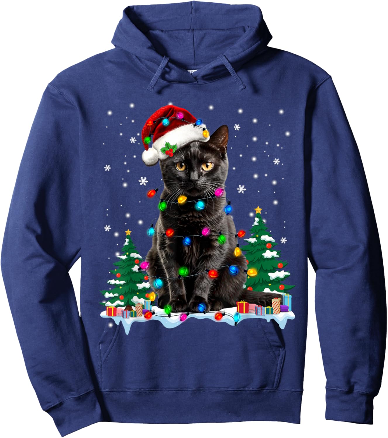Black Cat Christmas Light Santa Hat Cat Lovers Xmas Pajamas Hoodie - Hoodie | Navy