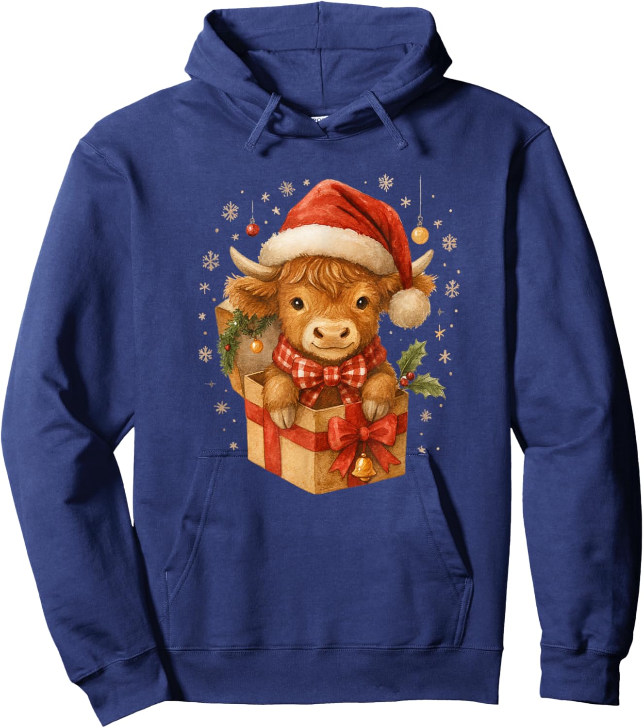 Highland Cow Christmas in Gifts Box Watercolor Santa Hat Hoodie - Hoodie | Navy