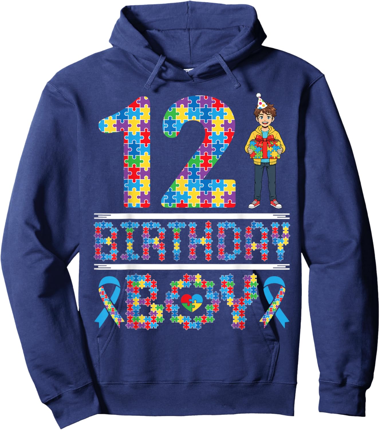 Autism Awareness 12th Birthday Boy Puzzle Piece 12 Years Old Hoodie - Hoodie | Navy