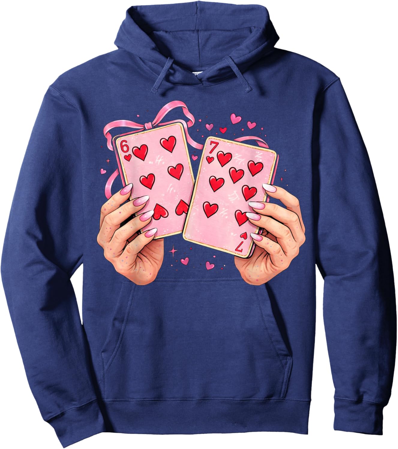 Playing Cards 6 7 of Hearts 67 Six Seven Bow Valentines Day Hoodie - Hoodie | Navy