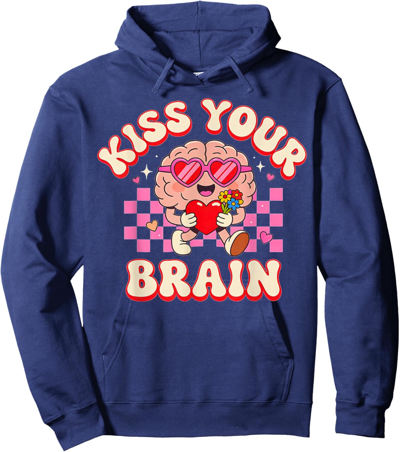 Groovy Kiss Your Brain Retro Valentines Day Teacher Kids Hoodie - Hoodie | Navy