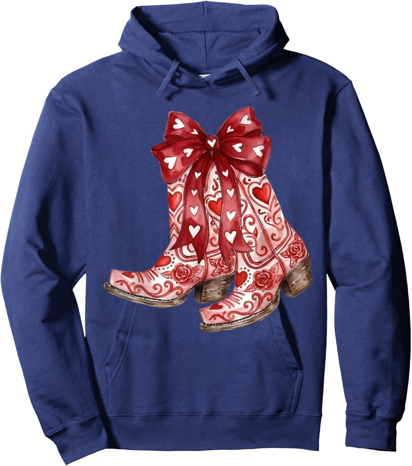Retro Cowgirl Boots Red Coquette Bow Hearts Valentines Day Hoodie - Hoodie | Navy