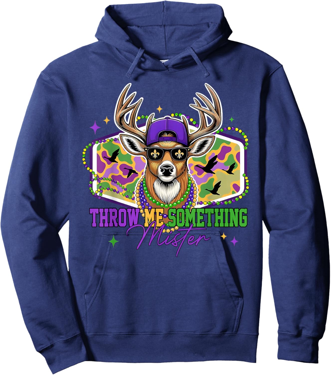 Throw Me Something Mister Mardi Gras Deer Beads Fleur De Lis Hoodie - Hoodie | Navy