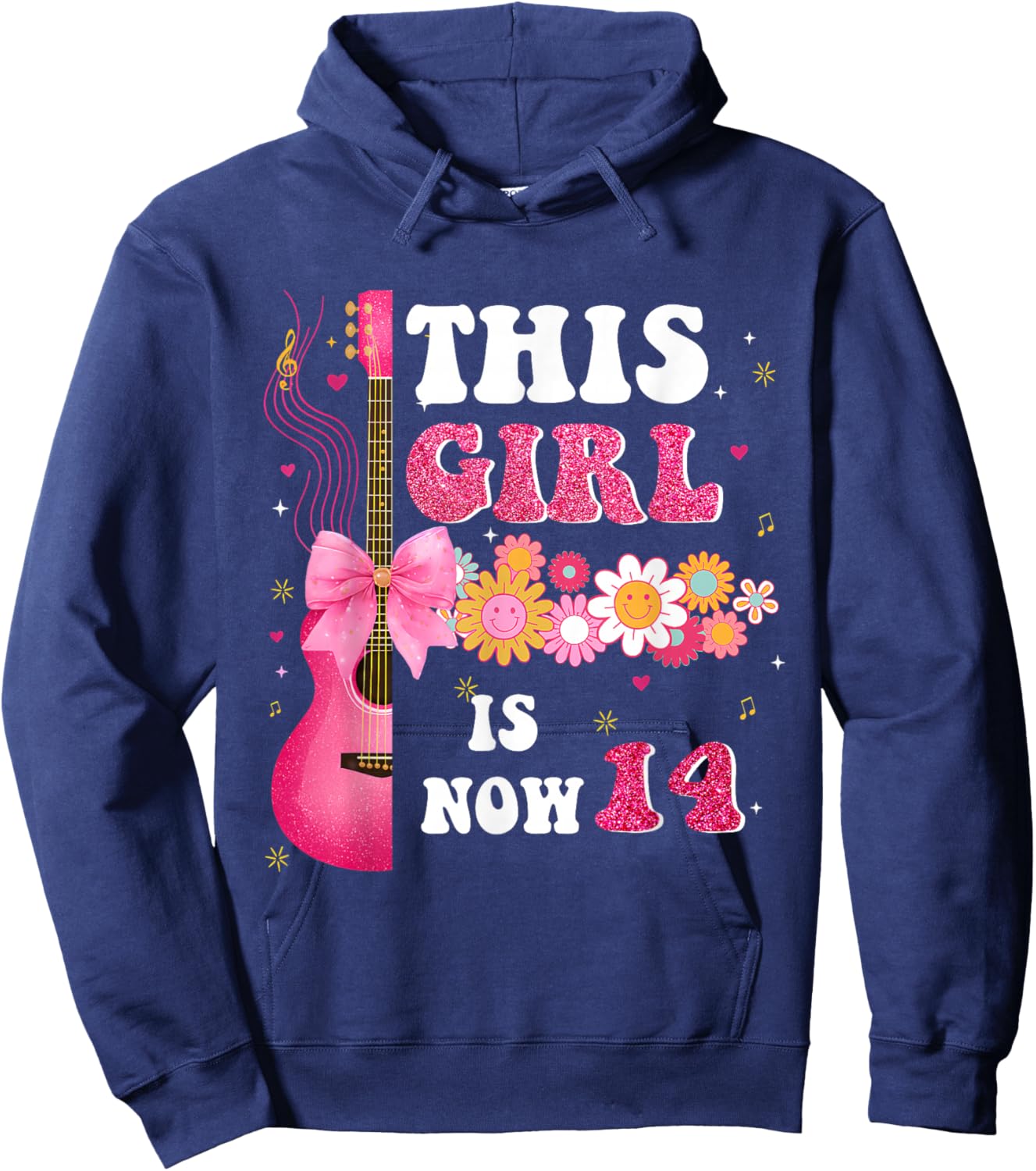 This Girl is Now 14 Cute Music Flower 14th Birthday Hoodie - Hoodie | Navy