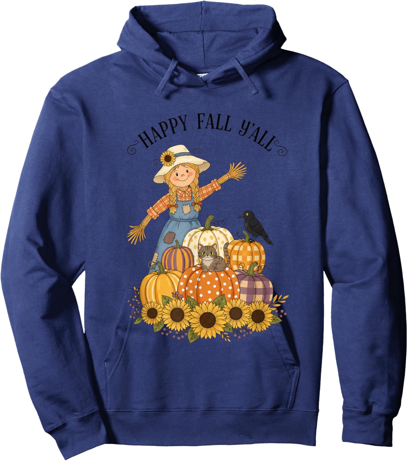 Happy Fall Y'all Scarecrow Pumpkin Sunflowers Autumn Thanksg Hoodie - Hoodie | Navy
