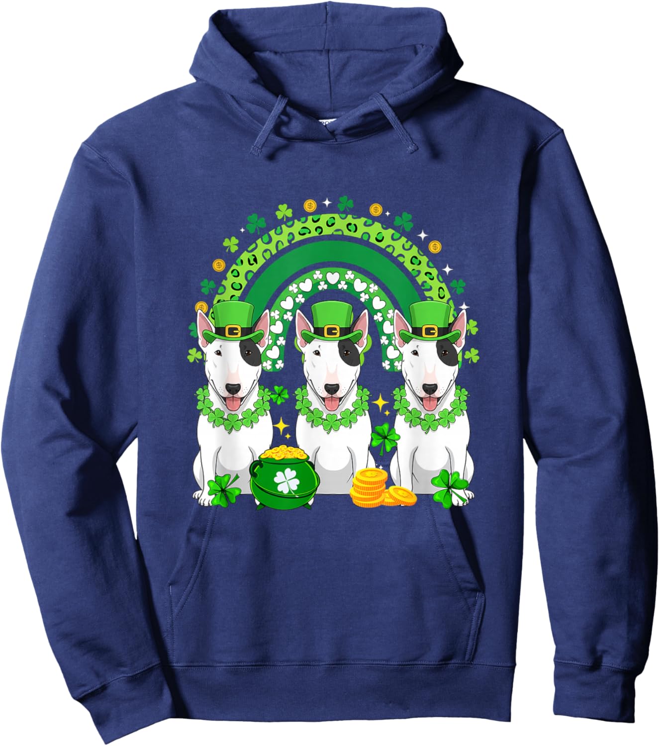 Three Cute Bull Terriers St. Patrick's Day Shamrocks Rainbow Hoodie - Hoodie | Navy