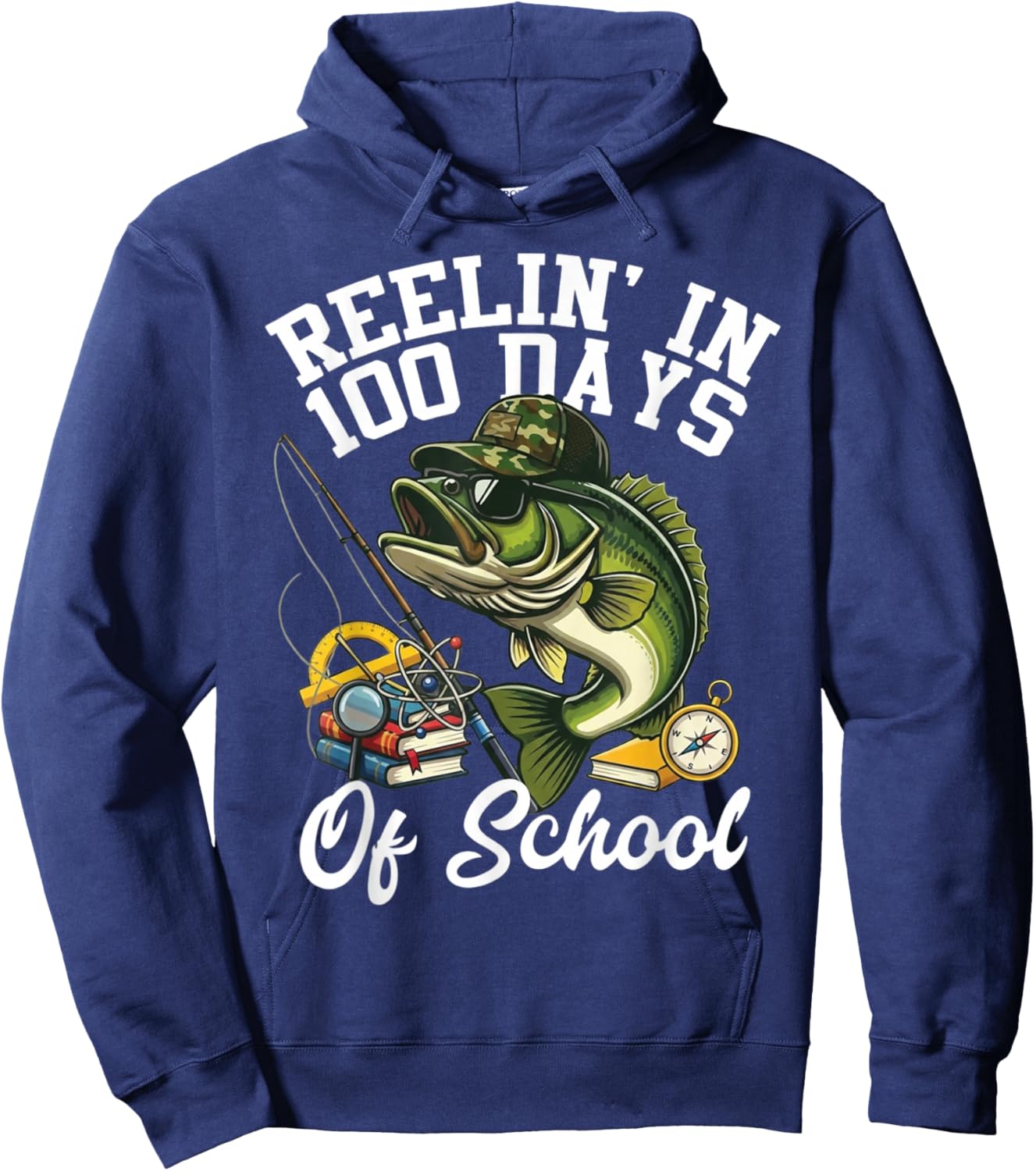 Reelin' in 100 Days of School Bass Camo Fishing Lover Boys Hoodie - Hoodie | Navy