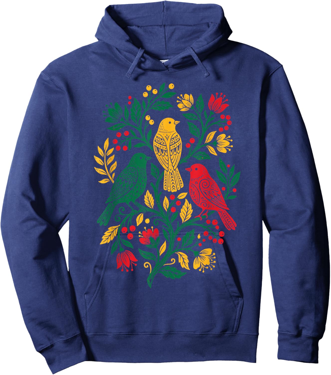 Rasta Reggae Roots Three Birds Jamaica Folk Art Floral Hoodie - Hoodie | Navy