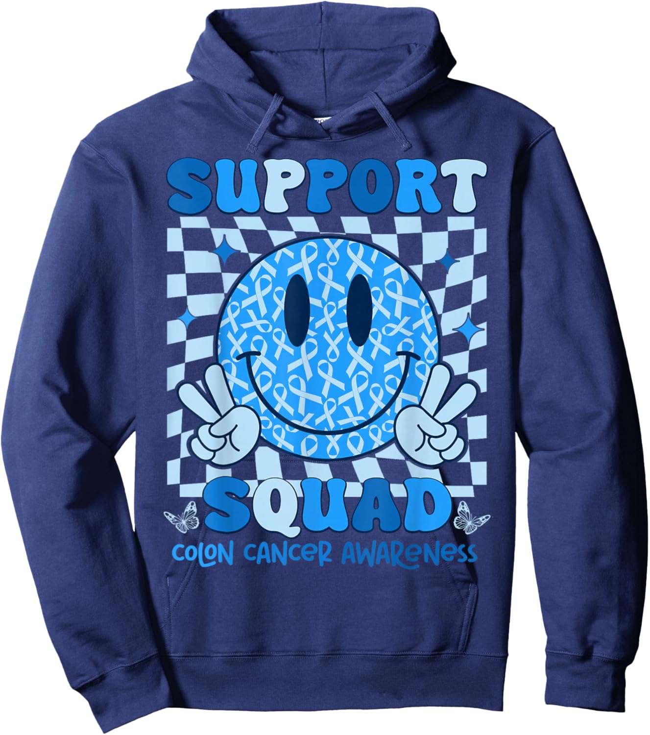 Retro Support Squad Blue Ribbon Colon Cancer Awareness Hoodie - Hoodie | Navy