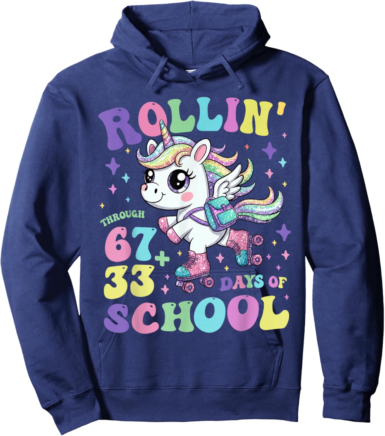 Rollin Through 100 Days of School Girls Teacher Unicorn Hoodie - Hoodie | Navy